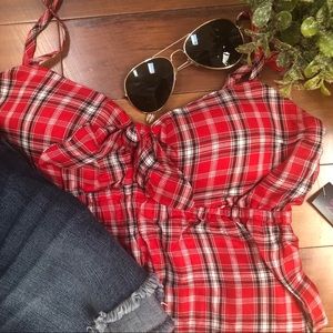 Red plaid top bow detail w/straps sweetheart neck